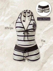 SHEIN Swim 女款夏季/秋季優雅熱帶夏威夷高腰蝴蝶結比基尼泳褲，米白色條紋，適合萬聖節、派對、海灘度假 - 彩色 - 查看 4