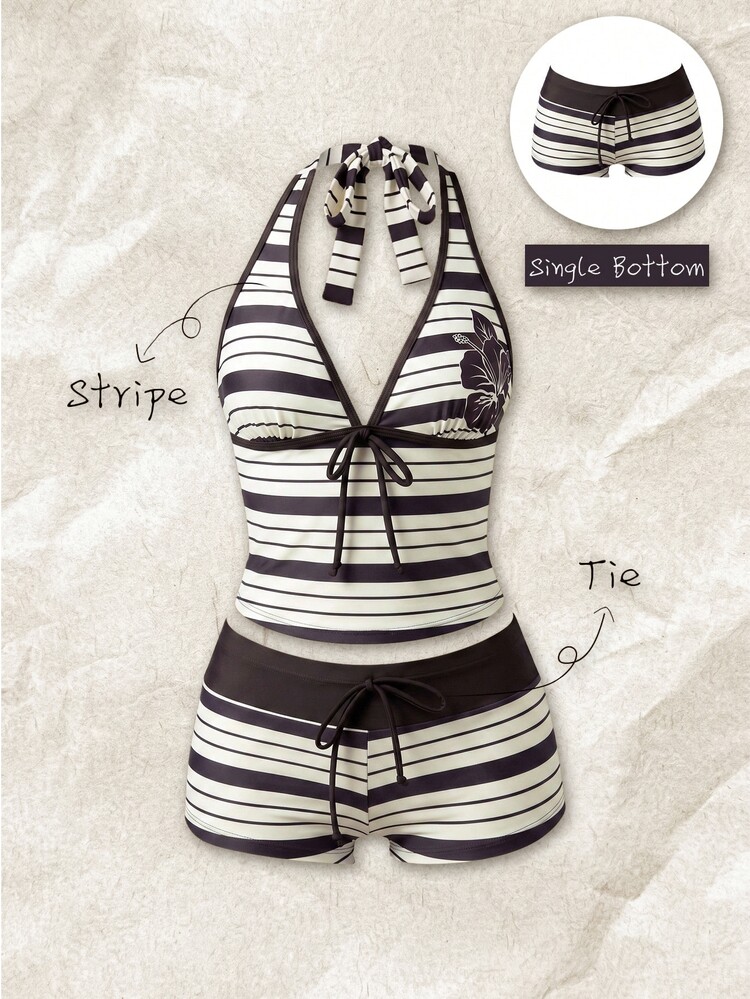 SHEIN Swim Women's Fall/Winterr Elegant High Waist Bow Bikini Bottoms Beach Swim Black And White Stripe,Halloween,Party - Multicolor - View 4