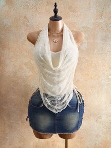 Mistrie Spring Summer Casual All-Match Halter Lace-Splice Stylish Sexy Women's T-Shirt - Apricot - View 5
