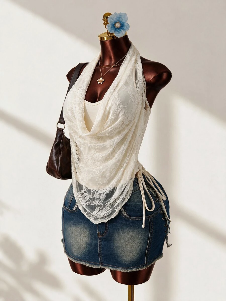 Mistrie Spring Summer Casual All-Match Halter Lace-Splice Stylish Sexy Women's T-Shirt - Apricot - View 1