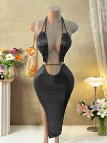 Women's Solid Color Deep V-Neck Sleeveless Minimalist Dress, Suitable For Summer - Black - View 3