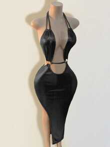 Women's Solid Color Deep V-Neck Sleeveless Minimalist Dress, Suitable For Summer - Black - View 4