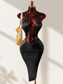 Women's Solid Color Deep V-Neck Sleeveless Minimalist Dress, Suitable For Summer - Black - View 1