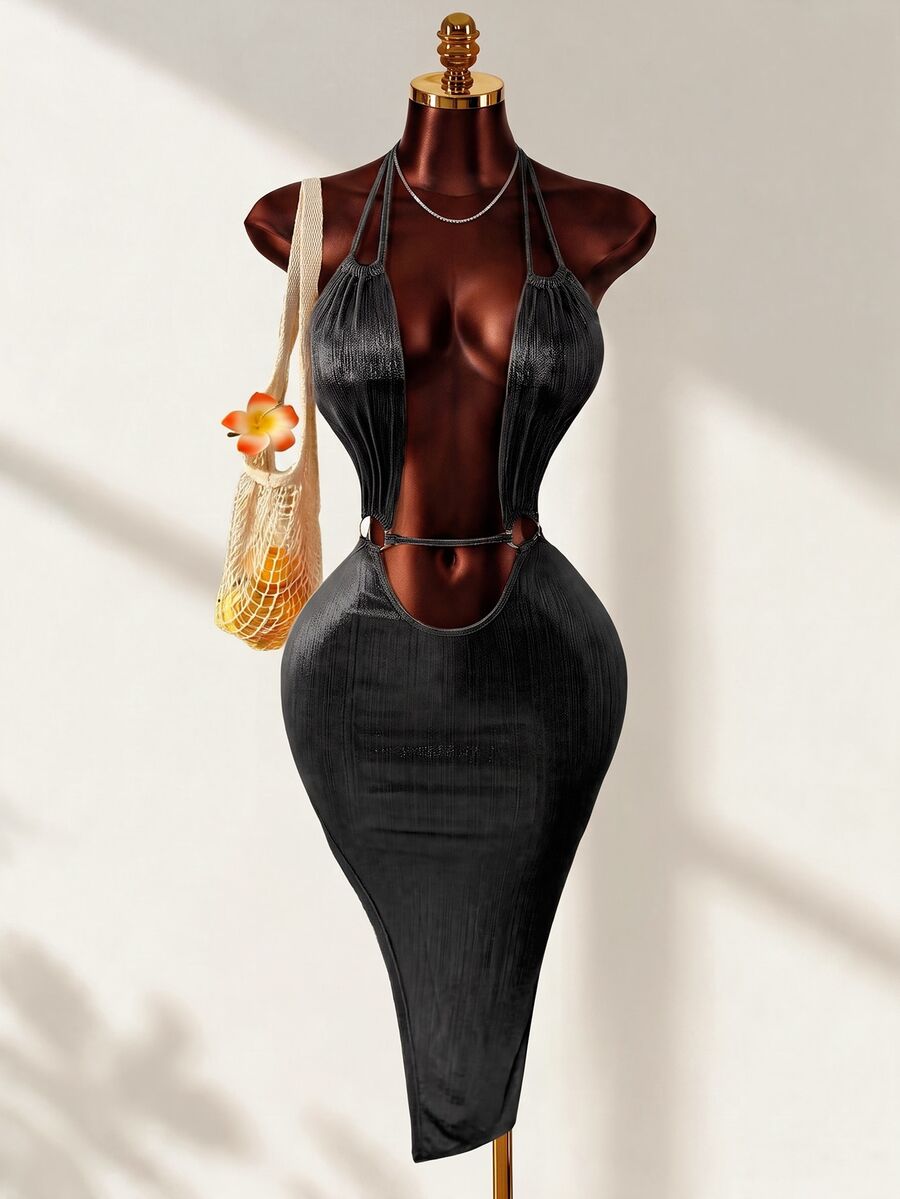 Women's Solid Color Deep V-Neck Sleeveless Minimalist Dress, Suitable For Summer - Black - View 1