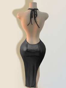 Women's Solid Color Deep V-Neck Sleeveless Minimalist Dress, Suitable For Summer - Black - View 2