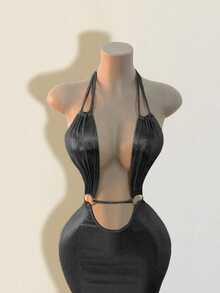 Women's Solid Color Deep V-Neck Sleeveless Minimalist Dress, Suitable For Summer - Black - View 6
