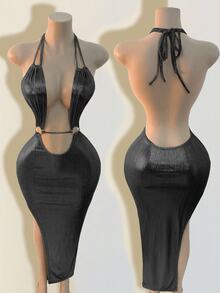 Women's Solid Color Deep V-Neck Sleeveless Minimalist Dress, Suitable For Summer - Black - View 7