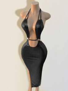 Women's Solid Color Deep V-Neck Sleeveless Minimalist Dress, Suitable For Summer - Black - View 5