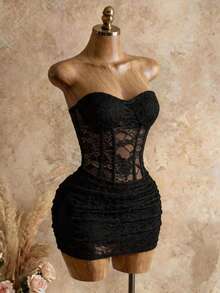 Mistrie Women's Lace Sexy Gothic Sheer Mermaid Bodycon Dress, Women's Sexy Halloween Dress Night Out Club Black Floral Summer - Black - View 6