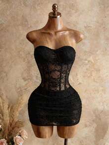 Mistrie Women's Lace Sexy Gothic Sheer Mermaid Bodycon Dress, Women's Sexy Halloween Dress Night Out Club Black Floral Summer - Black - View 4