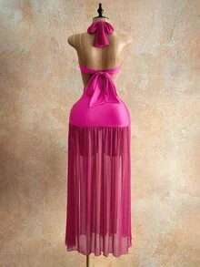 Mistrie Women's Pink Summer 70's Beach Club Night Club Night Club Party Disco Mesh Patchwork Halter Backless Deep V-Neck Twist Design Ruffled Hem Rave Sequin - Hot Pink - View 2