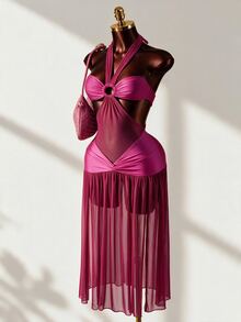Mistrie Women's Pink Summer 70's Beach Club Night Club Night Club Party Disco Mesh Patchwork Halter Backless Deep V-Neck Twist Design Ruffled Hem Rave Sequin - Hot Pink - View 1