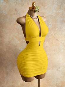 BamGleam Women's Simple Solid Color Halter Backless Ruched Bodycon Dress, Summer - Yellow - View 3