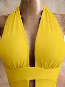 BamGleam Women's Simple Solid Color Halter Backless Ruched Bodycon Dress, Summer - Yellow - View 4
