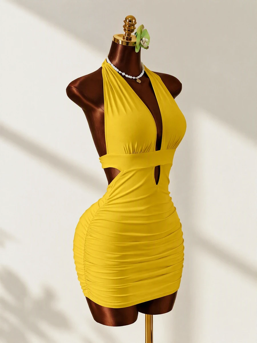 BamGleam Women's Simple Solid Color Halter Backless Ruched Bodycon Dress, Summer - Yellow - View 1