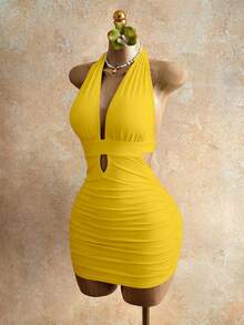 BamGleam Women's Simple Solid Color Halter Backless Ruched Bodycon Dress, Summer - Yellow - View 5