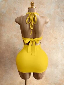 BamGleam Women's Simple Solid Color Halter Backless Ruched Bodycon Dress, Summer - Yellow - View 2