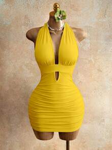 BamGleam Women's Simple Solid Color Halter Backless Ruched Bodycon Dress, Summer - Yellow - View 6