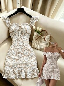 Mistrie [Printed Design] Women's Lace Print Ruffle Front Tie Ruched Ruffle Dress - Apricot - View 4