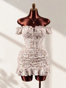 Mistrie [Printed Design] Women's Lace Print Ruffle Front Tie Ruched Ruffle Dress - Apricot - View 1