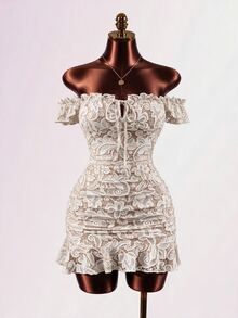 Mistrie [Printed Design] Women's Lace Print Ruffle Front Tie Ruched Ruffle Dress - Apricot - View 3