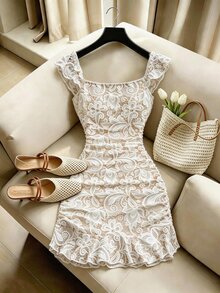 Mistrie [Printed Design] Women's Lace Print Ruffle Front Tie Ruched Ruffle Dress - Apricot - View 9