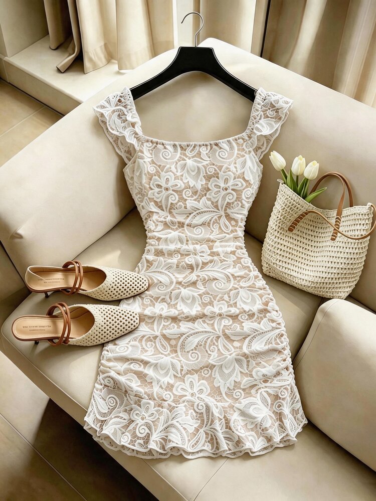 Mistrie [Printed Design] Women's Lace Print Ruffle Front Tie Ruched Ruffle Dress - Apricot - View 9