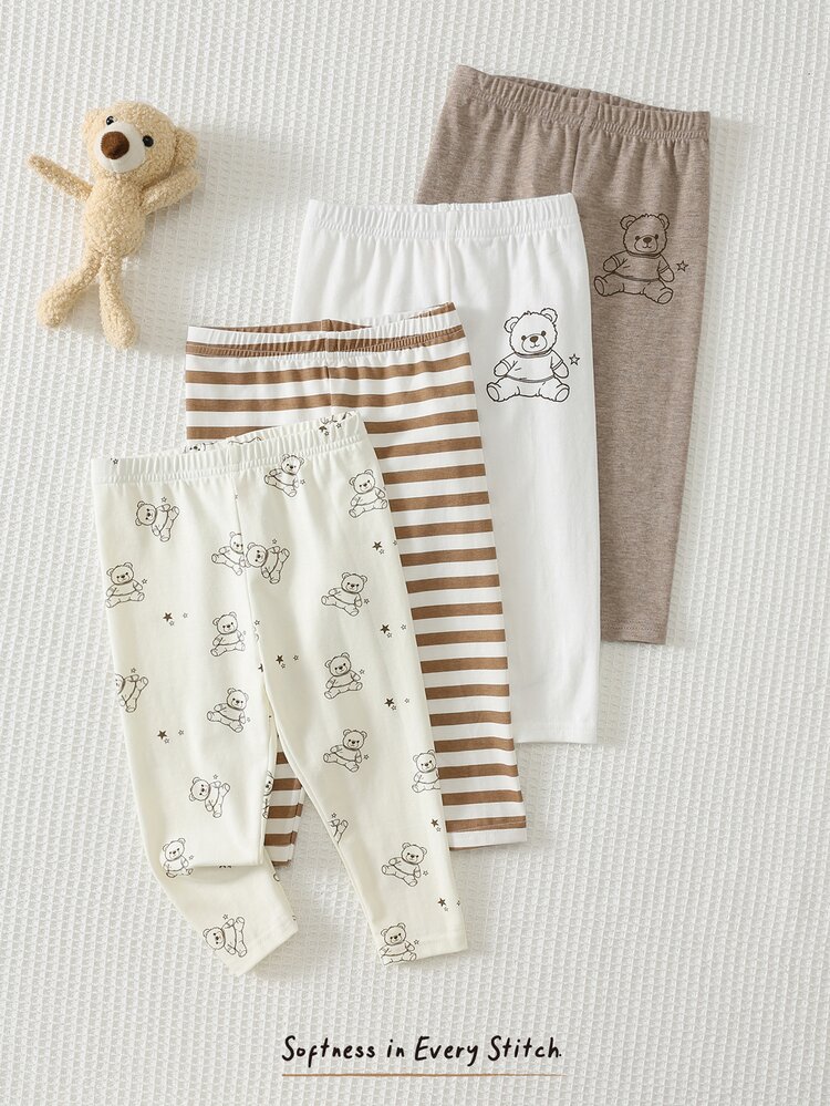 Cozy Pixies Baby Boys Bottoms Kids Brown Multi-Piece Set Leggings Knitted Pants Stretchy Brown Striped Cute Star & Bear Print 4 Colors 1 Each Multi-Pack Buy 1 Get 3 Reversible Comfortable High Elasticity - Brown - View 6