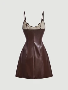 SHEIN MOD Brown Lace Strap Leather Mini Dress - Brown - View 5