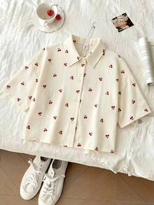 SHEIN 青少年女孩休閒日常時尚黃色與白色條紋寬鬆短袖襯衫 - 彩色 - 查看 1