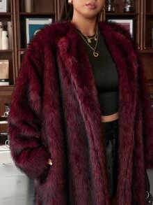 Muchica Plus Size Vintage Faux Fur Long Sleeve Thick Coat - Burgundy - View 4