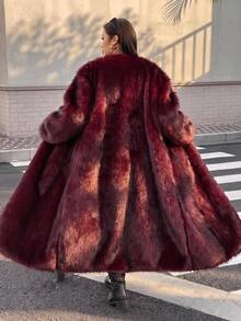 Muchica Plus Size Vintage Faux Fur Long Sleeve Thick Coat - Burgundy - View 1