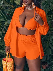 Veslaya Leisure Beachwear Plus Size Bikini Cover-Up Three-Piece Set Fall - Burnt Orange - View 7