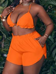 Veslaya Leisure Beachwear Plus Size Bikini Cover-Up Three-Piece Set Fall - Burnt Orange - View 4