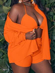 Veslaya Leisure Beachwear Plus Size Bikini Cover-Up Three-Piece Set Fall - Burnt Orange - View 5