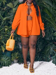 Veslaya Leisure Beachwear Plus Size Bikini Cover-Up Three-Piece Set Fall - Burnt Orange - View 3