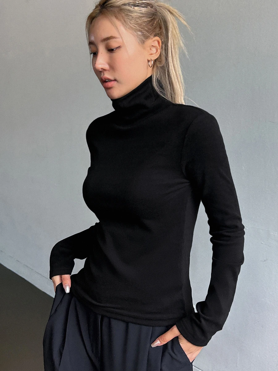 DAZY Solid Color Turtleneck T-Shirt Long Sleeve Women Tops,Thermal Lined - Black - View 1