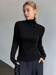 DAZY Solid Color Turtleneck T-Shirt Long Sleeve Women Tops,Thermal Lined - Black - View 5