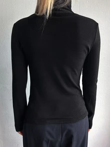 DAZY Solid Color Turtleneck T-Shirt Long Sleeve Women Tops,Thermal Lined - Black - View 2