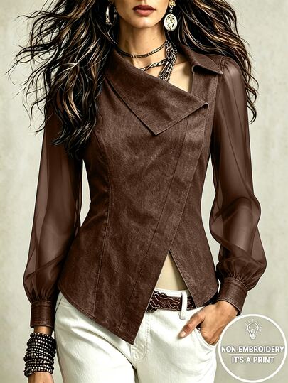SHEIN European & American New Fashion Asymmetrical Collar Design Waist-Flattering Slimming Pullover Patchwork Sheer Long Sleeve Women's Blouse, Women's Autumn/Winter Top, Long Sleeve Top, Autumn/Winter Clothing, Autumn Outfit, Vacation, Outing, Y2K, Spring, Summer, Back To School, Casual, Beach, Business, Versatile, Sexy, Women's Blue Blouse