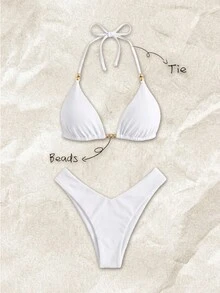 SHEIN Swim Women's Spring Summer Solid Color Halter Neck Beaded Bikini Set - White - View 1