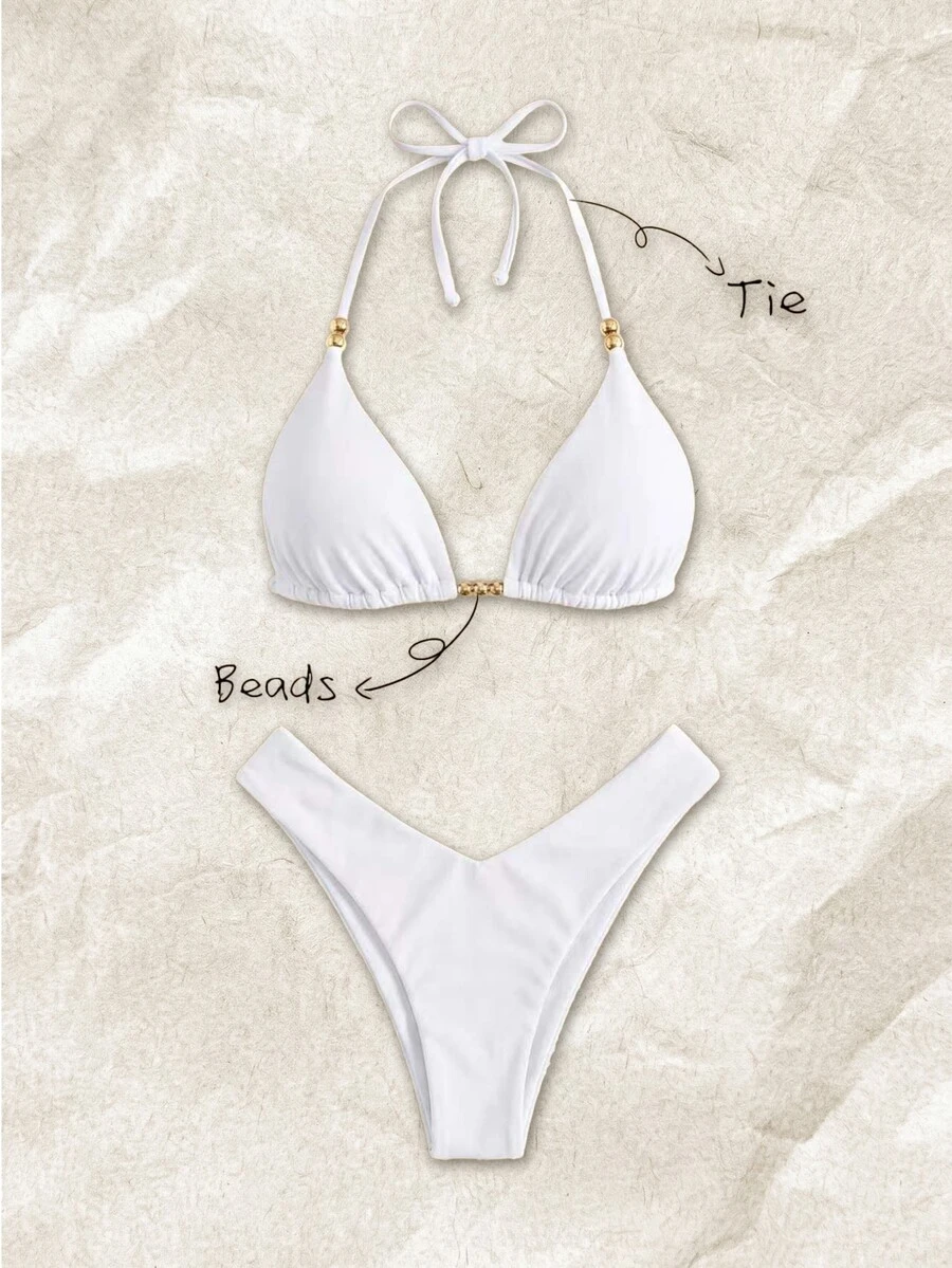 SHEIN Swim Women's Spring Summer Solid Color Halter Neck Beaded Bikini Set - White - View 1