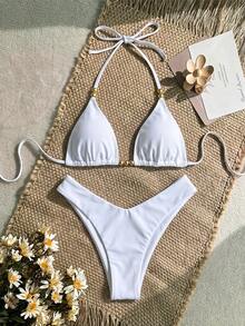 SHEIN Swim Women's Spring Summer Solid Color Halter Neck Beaded Bikini Set - White - View 2