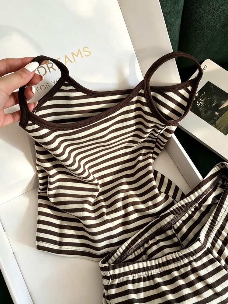 Franclia Women's Casual Striped Colorblock Camisole Top And Shorts 2 Pieces Set For Vacation - Apricot and Dark Brown - View 3