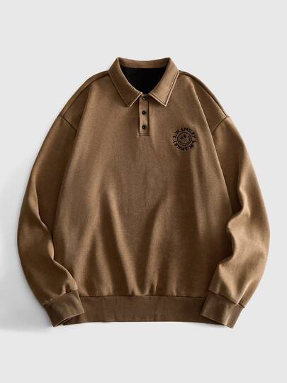 S.W.Smiley X ROMWE Men's Casual Co-Branded Embroidered Stand Collar Sweatshirt