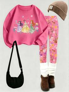 SHEIN Toddler Girls Cartoon Princess Floral Butterfly Sweatshirt & Leggings Set, Pink Cozy Outfit, Fall Winter, 2 Pieces - Multicolor - View 3