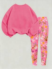 SHEIN Toddler Girls Cartoon Princess Floral Butterfly Sweatshirt & Leggings Set, Pink Cozy Outfit, Fall Winter, 2 Pieces - Multicolor - View 2