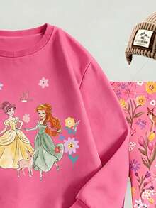 SHEIN Toddler Girls Cartoon Princess Floral Butterfly Sweatshirt & Leggings Set, Pink Cozy Outfit, Fall Winter, 2 Pieces - Multicolor - View 4