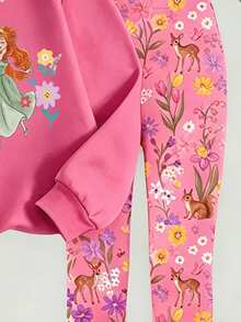 SHEIN Toddler Girls Cartoon Princess Floral Butterfly Sweatshirt & Leggings Set, Pink Cozy Outfit, Fall Winter, 2 Pieces - Multicolor - View 5