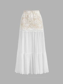 SHEIN MOD Women's Lace Patchwork Pleated Casual Daily Skirt - White - View 5